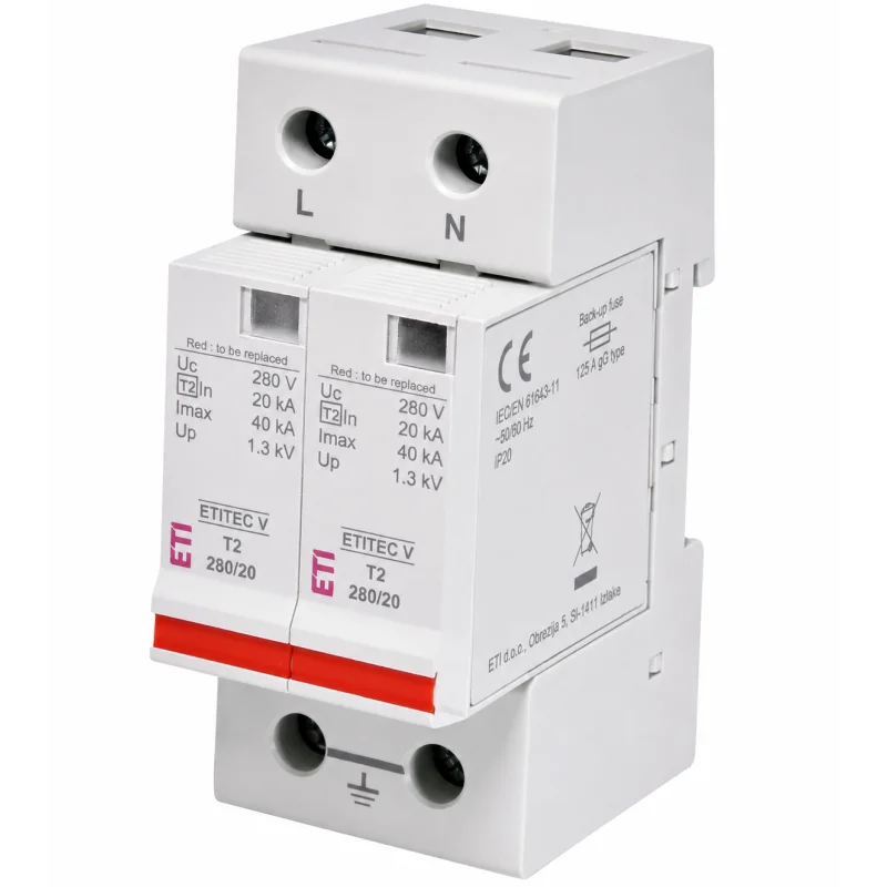 Descarcator de supratensiune ETITEC V, T2, 2+0, In 20kA, Imax 40kA, Uc 280V, ETI