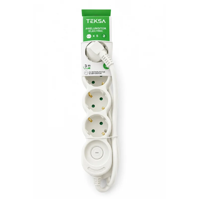 Prelungitor 5P - 3 metri, cablu 3x1.5mmp, cu intrerupator si protectie copil, TEKSA