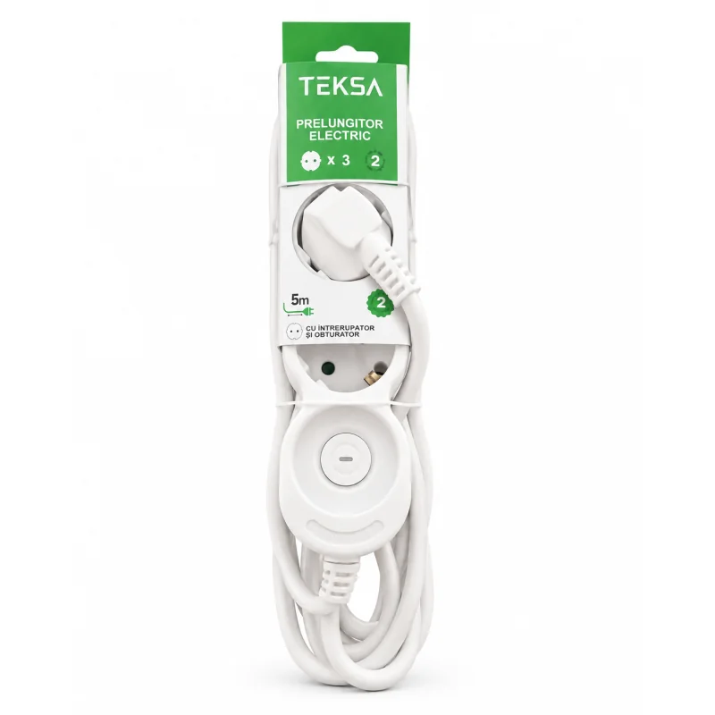 Prelungitor cu intrerupator, alb, 3P - 5M, 3x1.5mm, IP20, TEKSA