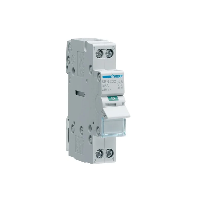 Inversor modular (comutator), 2P, 32A, 230V, I-0-II, punct comun inferior, Hager