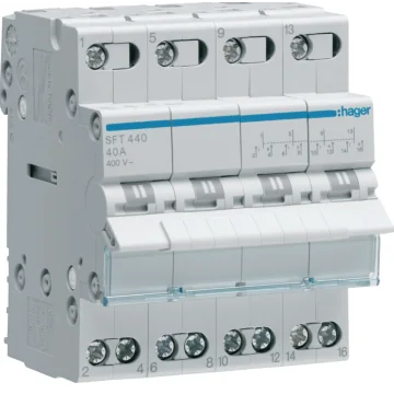     Tablouri si sigurante
 - Inversor modular (comutator), 4P, 40A, 400V, I-0-II, punct comun superior, Hager, sercomelectric.ro
