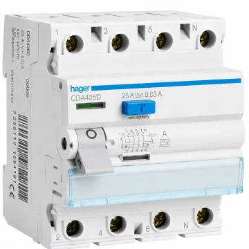     Tablouri si sigurante
 - Intrerupator diferential, 4P, 25A, 30mA, tip A, Hager, sercomelectric.ro