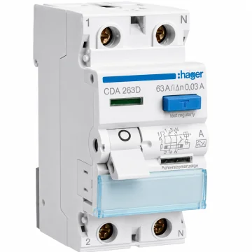     Tablouri si sigurante
 - Intrerupator diferential, 2P, 63A, 30mA, tip A, Hager, sercomelectric.ro