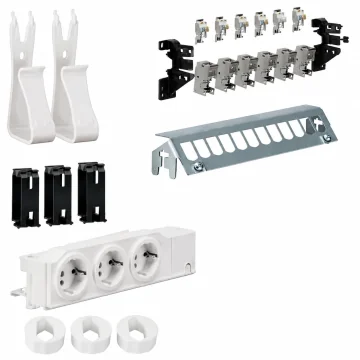     Tablouri si sigurante
 - Set multimedia, bloc 3 prize Schuko + patch panel 6xRJ45, accesorii montaj, Hager, sercomelectric.ro