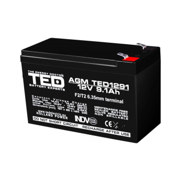     
 - Acumulator 12V Stationar VRLA, Dimensiuni 151 x 65 x 95 mm, Baterie 12V 9.1Ah F2, TED Electric TED003263, sercomelectric.ro